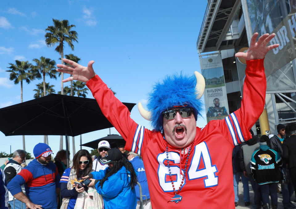 <p>A Buffalo Bills fan is seen outside the stadium before the start of their AFC Wild Card playoff game against the Jacksonville Jaguars at EverBank Field on January 7, 2018 in Jacksonville, Florida. (Photo by Scott Halleran/Getty Images) </p>
