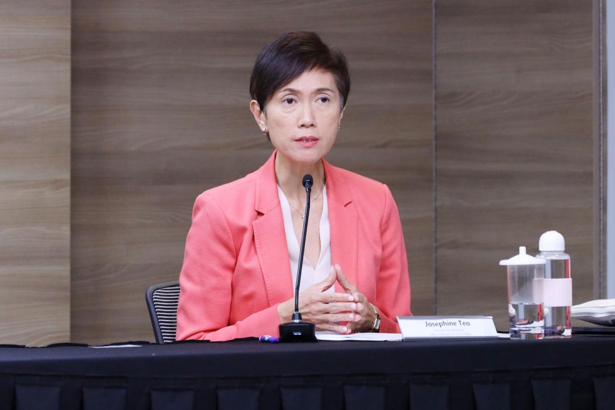 Manpower Minister Josephine Teo at the live virtual taskforce press conference on 21 April, 2020. (PHOTO: MCI)