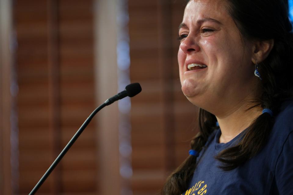 Tulsa Public Schools parent Ashley Daly gives tearful remarks to the Oklahoma State Board of Education on Thursday before a vote on school accreditation. Despite Daly's urging that Tulsa's accreditation be approved for the next year, the board delayed its vote on the district until August.