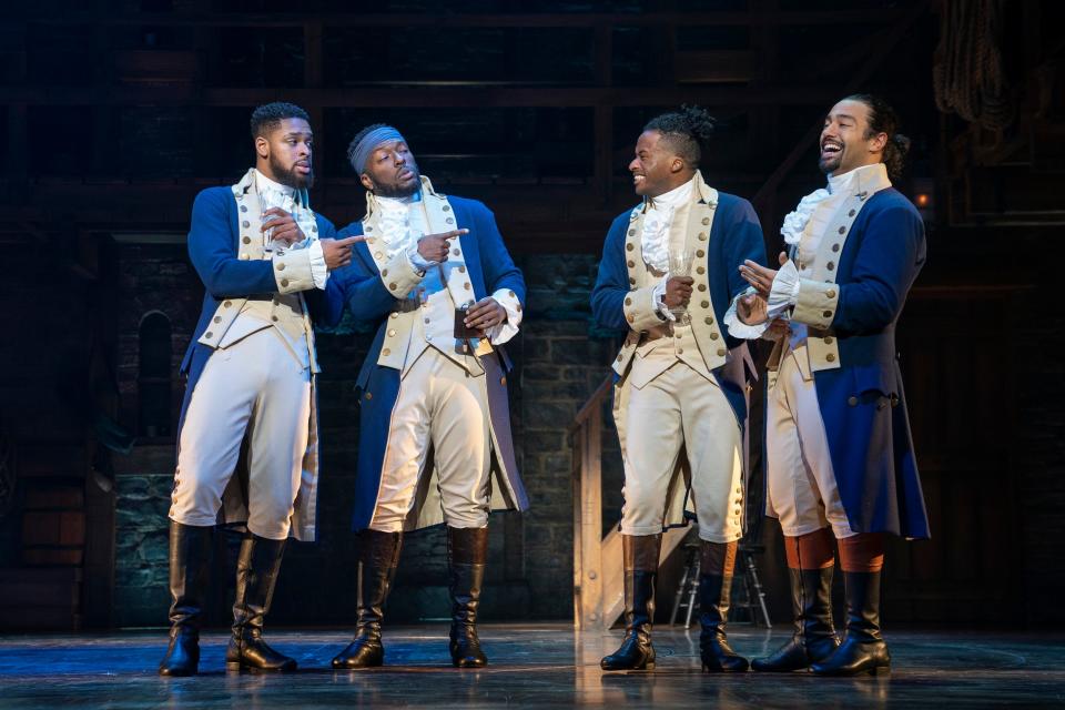 From left, Warren Egypt Franklin, Desmond Sean Ellington, Elijah Malcomb and Pierre Jean Gonzalez perform in the national tour of the musical "Hamilton."