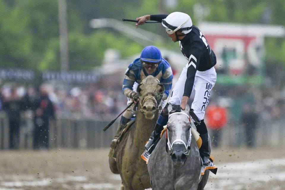 Jamie Torres, aboard Seize the Grey (6), celebrates after winning the 2024 Preakness Stakes at Pimlico Race Course in Baltimore on Saturday.