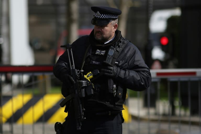 An armed police officer stands at an entrance to the Houses of Parliament in central London on March 26, 2017