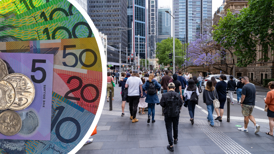 Australian cash in the form of coins and notes and people walking in the Sydney CBD.