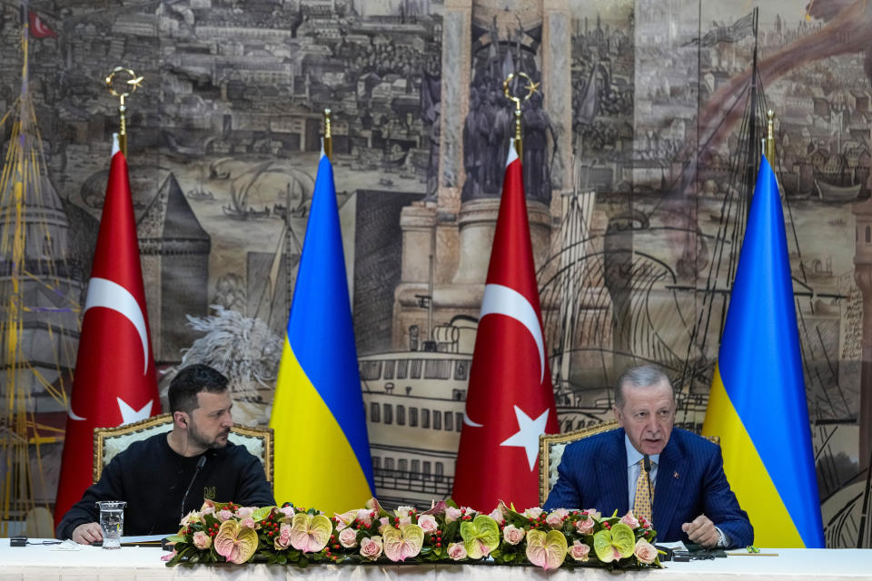 Turkish President Recep Tayyip Erdogan, right, talks during a joint news conference with Ukrainian President Volodymyr Zelenskyy following their meeting at Dolmabahce palace in Istanbul, Turkey, Friday, March 8, 2024. (AP Photo/Francisco Seco)