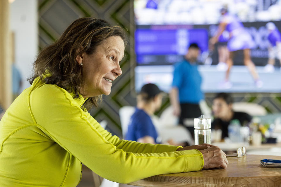 Pam Shriver, a former professional tennis player and current tennis broadcaster, talks about the WTA's new program to develop female coaches during the Charleston Open tennis tournament in Charleston, S.C., Tuesday, April 4, 2023. Shriver is now a co-coach for Donna Vekic. (AP Photo/Mic Smith)