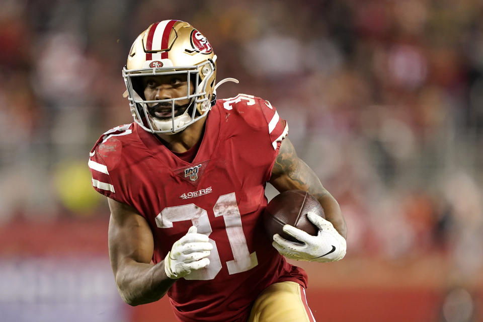 San Francisco 49ers running back Raheem Mostert (31) runs against the Green Bay Packers during the second half of the NFL NFC Championship football game Sunday, Jan. 19, 2020, in Santa Clara, Calif. (AP Photo/Tony Avelar)