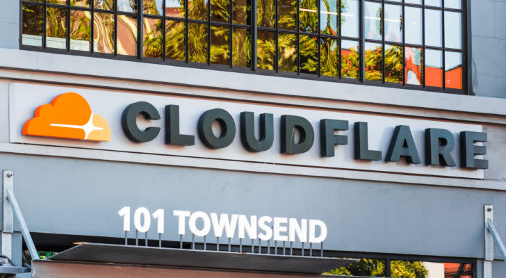 Close up of Cloudflare logo at the Company's headquarters