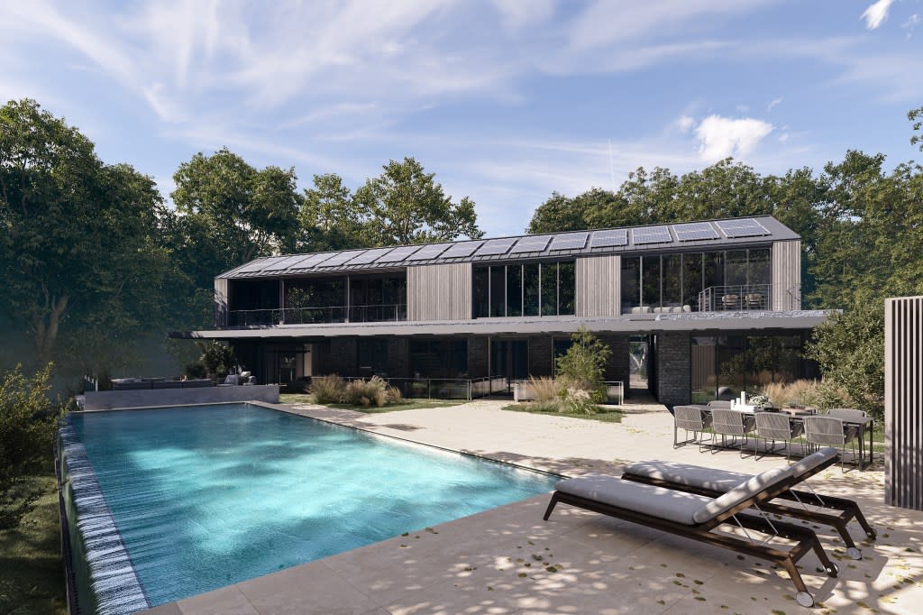 A forest-friendly, seven-bedroom retreat at 1694 Millstone Road in Sag Harbor has hit the market for $7.85 million; the oblong home’s cedar siding blends in perfectly with its woodsy surroundings and complements a gunite infinity pool. NIKO Visual