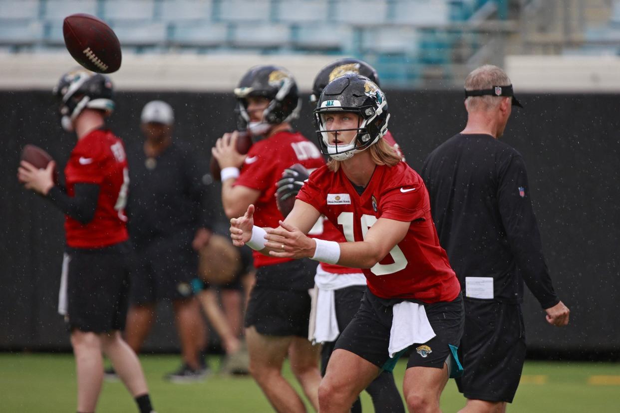 Jacksonville Jaguars quarterback Trevor Lawrence (16) participates in an offseason training activity Tuesday, May 31, 2022 at TIAA Bank Field in Jacksonville. [Corey Perrine/Florida Times-Union]