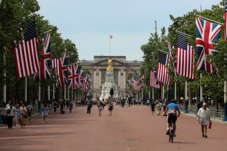 U.S. and British flags stretch along The Mall towards Buckingham Palace in central London in advance of U.S. President Donald Trump State visit to Britain