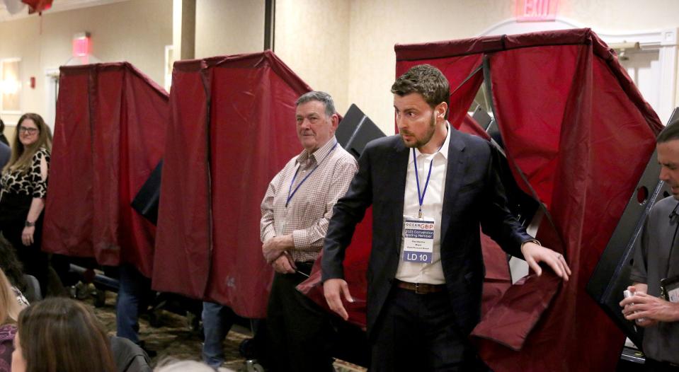 Point Pleasant Beach Mayor Paul Kanitra exits a voting booth during the Ocean County Republicans nominating convention Wednesday evening, March 8, 2023, in Toms River.