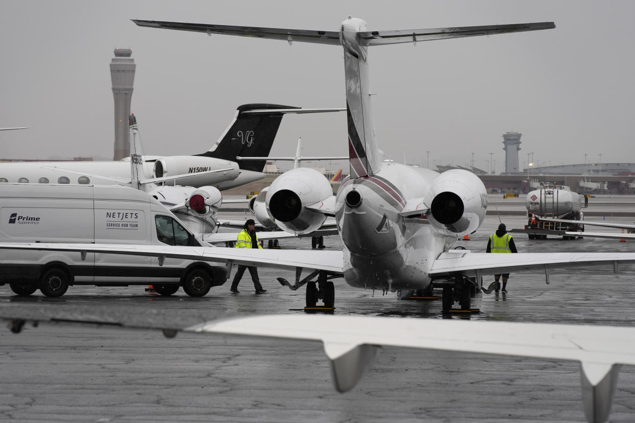 Planes are parked at a private jet terminal at Harry Reid International Airport in Las Vegas ahead of the Super Bowl.