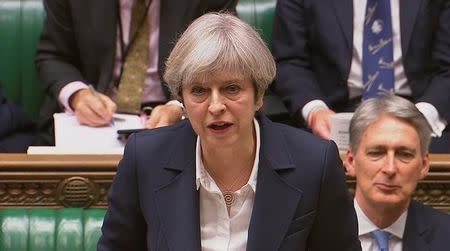 Britain's Prime Minister Theresa May speaks in Parliament as she announces that she has sent the letter to trigger the process of leaving the European Union in London, March 29, 2017. Parliament TV handout via REUTERS