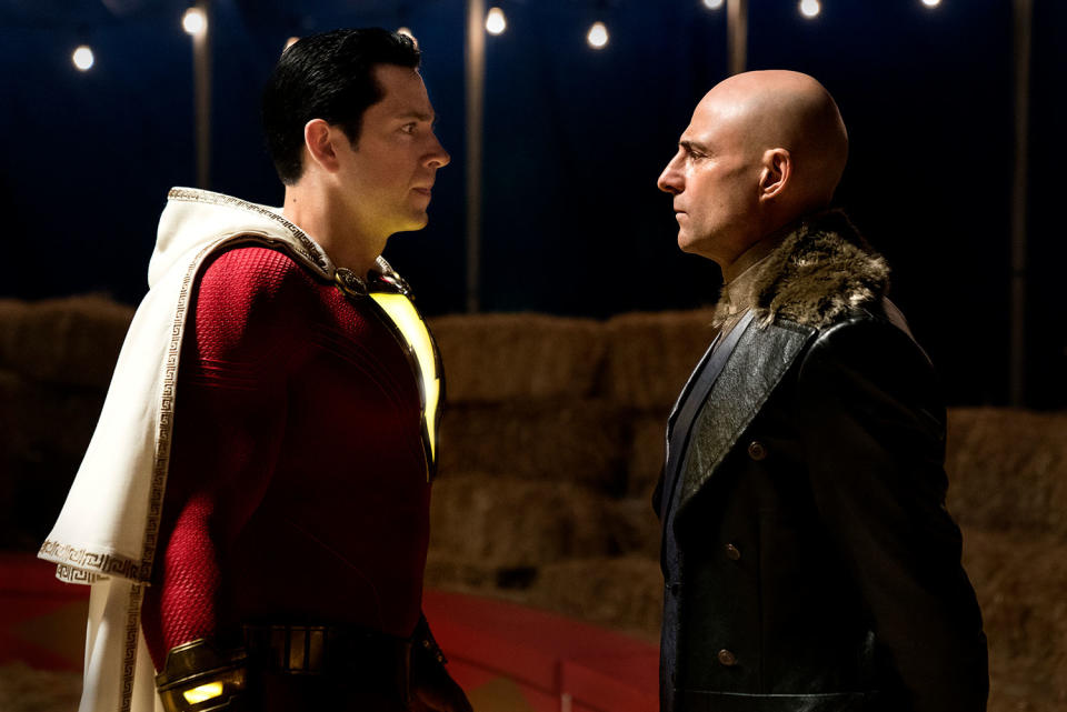 (L-R) ZACHARY LEVI as Shazam and MARK STRONG as Dr. Thaddeus Sivana in New Line Cinema’s action adventure “SHAZAM!,” a Warner Bros. Pictures release. (© 2019 WARNER BROS. ENTERTAINMENT INC.)