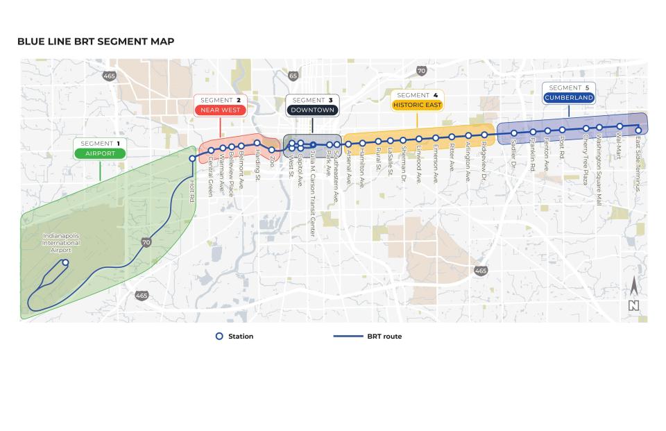 IndyGo's planned design for the Blue Line bus rapid transit route as of August 2023.