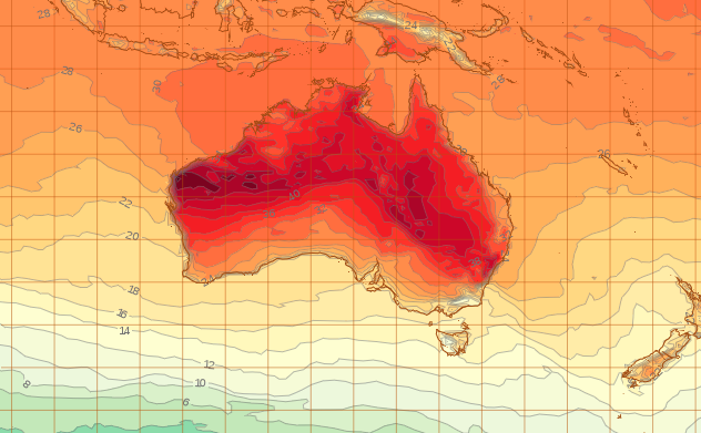 Conditions will ease on Australia's east coast come New Year's Day at 5pm (AEST). A weather map shows most of Australia will have sweltering temperatures.