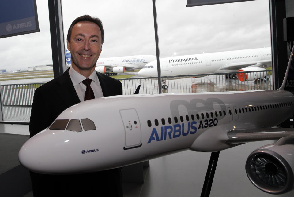 Airbus CEO Fabrice Bregier poses for a photograph after the annual news conference in Toulouse, southwestern France, Monday, Jan. 13, 2014. The European aerospace conglomerate said Monday it delivered 626 planes last year, a company record but still 22 fewer than U.S. rival Boeing Co. (AP Photo/Christophe Ena)