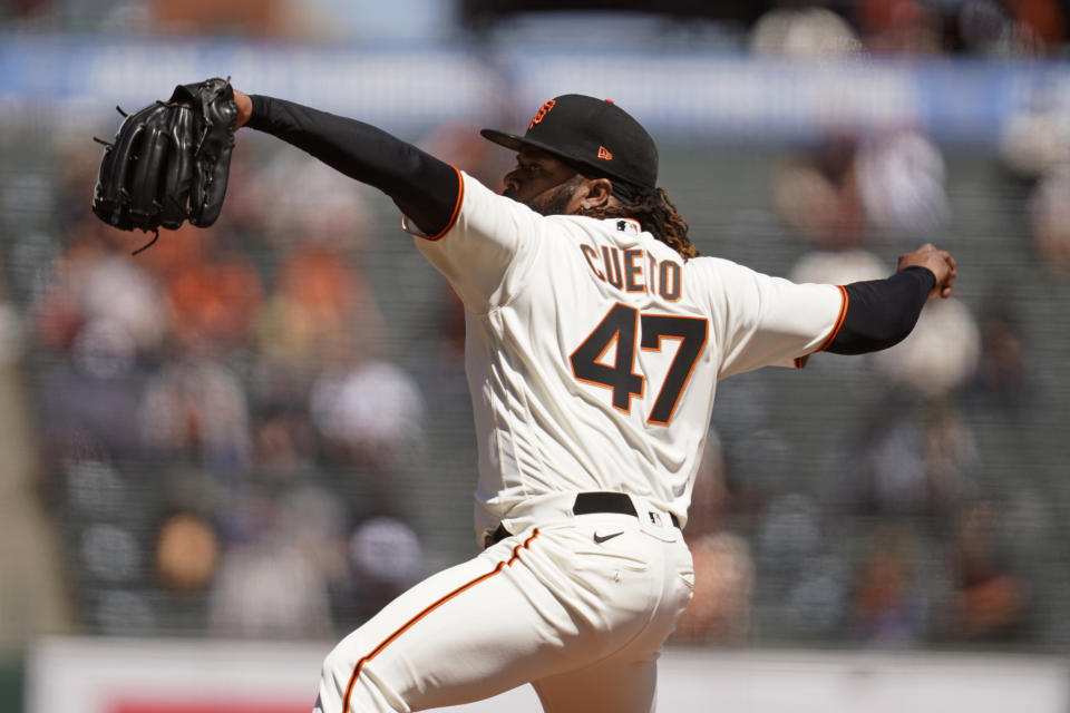 San Francisco Giants starting pitcher Johnny Cueto works in the first inning of a baseball game against the Colorado Rockies, Friday, April 9, 2021, in San Francisco. (AP Photo/Eric Risberg)