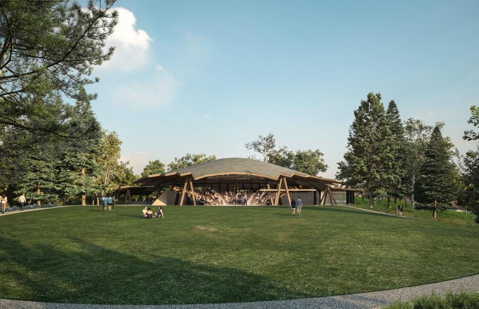 A rendering of the new permanent home of Hudson Valley Shakespeare Festival, designed by Jeanne Gang of Studio Gang, shows the timber-frame open-air pavilion that will take shape on the former grounds of Garrison Golf Course. The theater will have commanding views of the Hudson River and Storm King Mountain to the North, on land gifted by philanthropist Chris Davis.