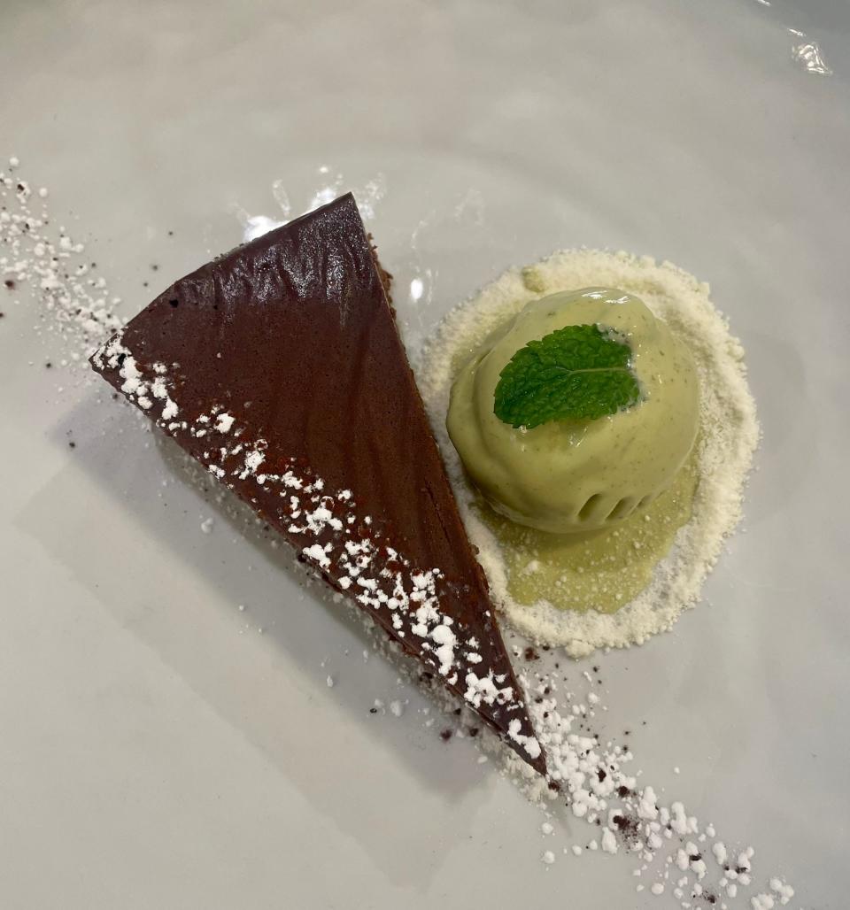 Flourless chocolate cake with mint gelato served at Lupa Ristorante in Berkeley Heights.