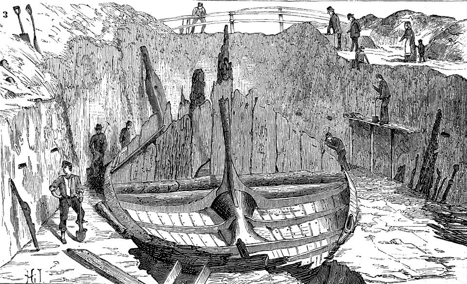 Digital improved reproduction, The Gokstad ship is a 9th-century Viking ship found in a burial mound at Gokstad in Sandar, Sandefjord, Vestfold, Norway, from an original print from the 19th century. (Photo by: Bildagentur-online/Universal Images Group via Getty Images)