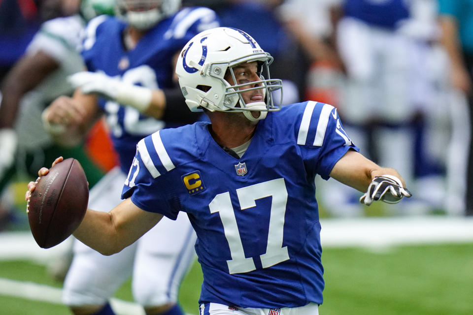 Indianapolis Colts quarterback Philip Rivers (17) throws against the New York Jets in the first half of an NFL football game in Indianapolis, Sunday, Sept. 27, 2020. (AP Photo/AJ Mast)