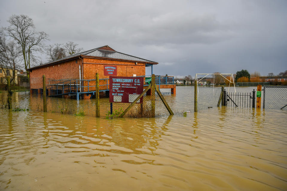 Tewkesbury Cricket Club is flooded near the centre of town, where flood watches are in place with more wet weather expected in the coming days.