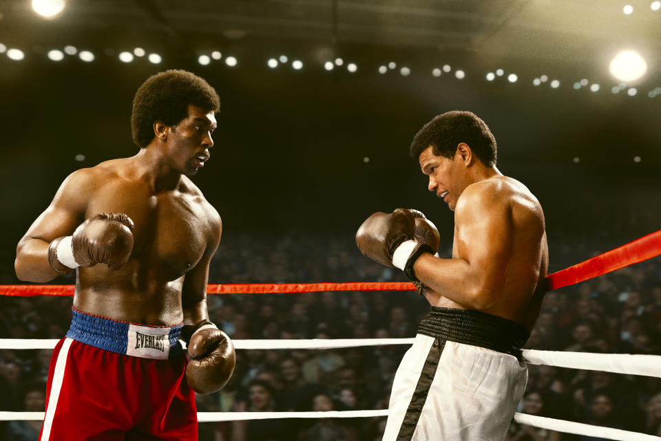 This image released by Sony Pictures shows Khris Davis, left, and Sullivan Jones in a scene from "Big George Foreman: The Miraculous Story of the Once and Future Heavyweight Champion of the World." (Alan Markfield/Sony Pictures via AP)