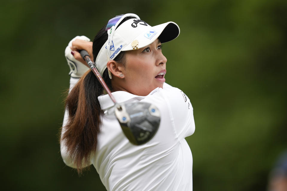 Atthaya Thitikul, of Thailand, hits from the second tee during the third round of the Chevron Championship LPGA golf tournament Saturday, April 20, 2024, at The Club at Carlton Woods, in The Woodlands, Texas. (AP Photo/David J. Phillip)