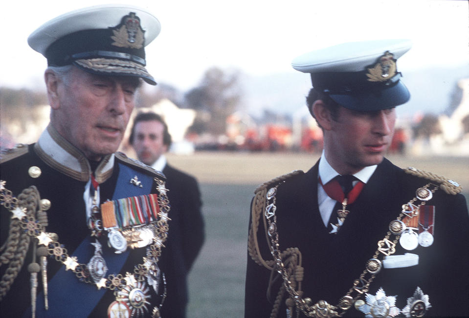 The Prince of Wales and Lord Mountbatten, wearing full naval uniform, visited Nepal in 1975 to attend the coronation of King Birendra. (Photo by Anwar Hussein/WireImage)