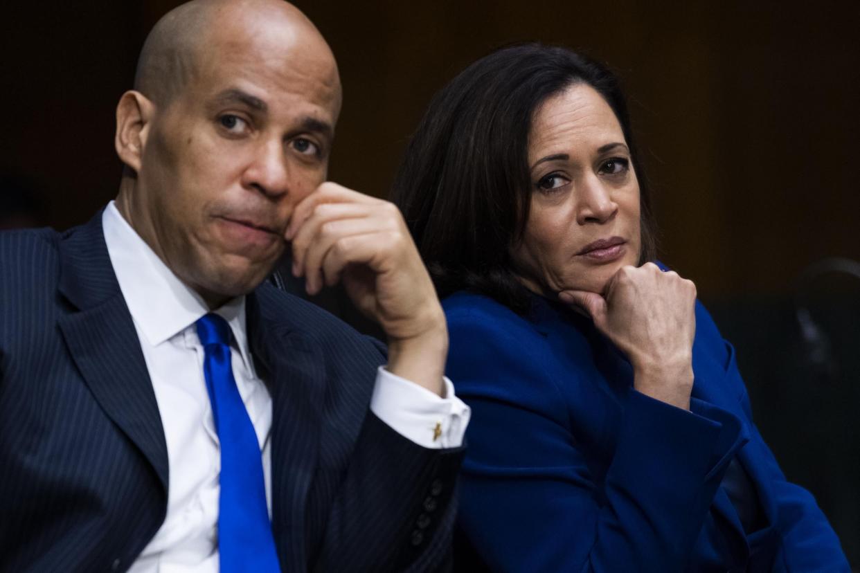 WASHINGTON, DC - JUNE 16: U.S. Sens. Cory Booker (D-NJ) and Kamala Harris (D-CA) attend a Judiciary Committee hearing in the Dirksen Senate Office Building on June 16, 2020 in Washington, D.C. The Republican-led committee was holding its first hearing on policing since the death of George Floyd while in Minneapolis police custody on May 25. (Photo by Tom Williams-Pool/Getty Images)