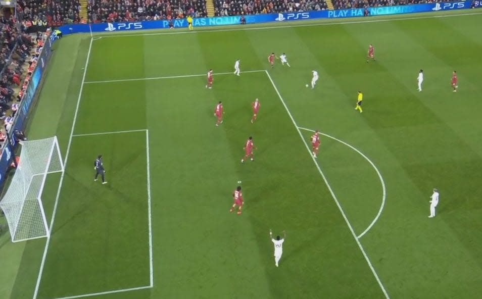 An image shows Liverpool defending deep as Real Madrid attack