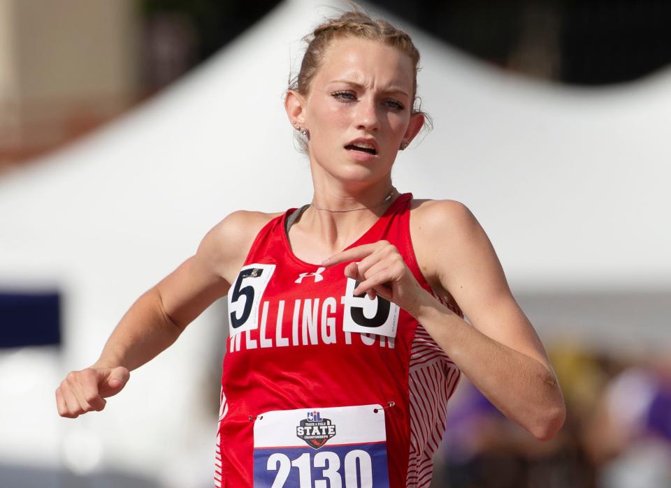 Wellington's Kyla Kane competes in the Class 2A 800 meter run during the UIL State Track and Field meet, Friday, May 13, 2022, at Mike A. Myers Stadium in Austin.