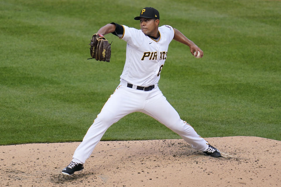 Pittsburgh Pirates starting pitcher Jose Quintana delivers during the fifth inning of the team's baseball game against the Chicago Cubs in Pittsburgh, Tuesday, April 12, 2022. (AP Photo/Gene J. Puskar)