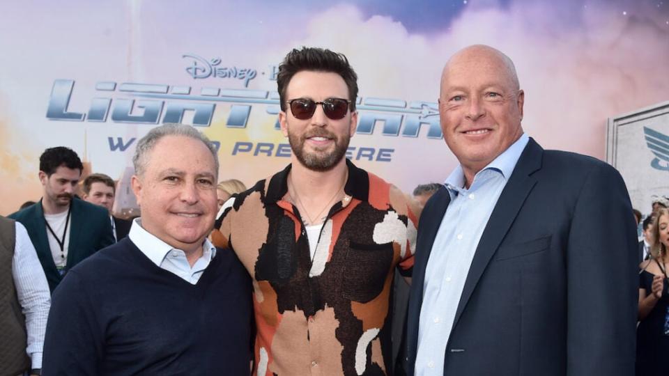 Alan Bergman, Disney Studios Content Chairman, Chris Evans and then-Disney CEO Bob Chapek, attend the premiere of “Lightyear” in 2022. (Alberto E. Rodriguez/Getty Images for Disney)