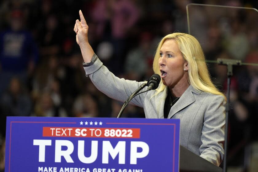 Rep. Marjorie Taylor Greene, R-Ga., speaks before Republican presidential candidate former President Donald Trump at a campaign rally Friday, Feb. 23, 2024, in Rock Hill, S.C. (AP Photo/Chris Carlson)