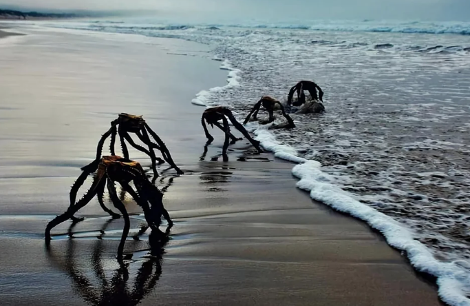 dried leaves upside down with what looks like LONG LEGS like they're walking on a beach