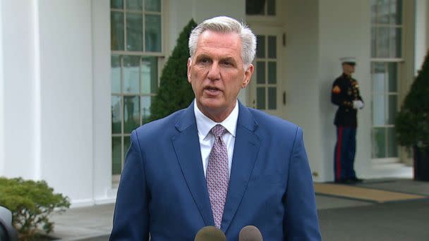 PHOTO: House Minority Leader Kevin McCarthy speaks to members of the press outside the West Wing of the White House, Nov. 29 2022. (Pool/ABC News)