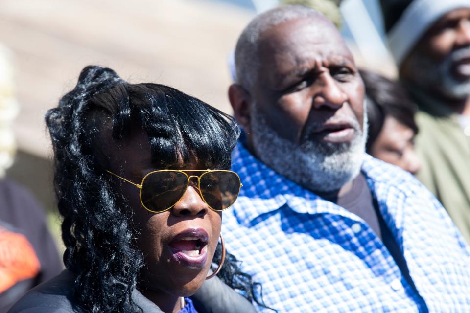 Kimberly Freeman and George Burks, the parents of Gershun Freeman, chant “justice for Gershun Freeman” during a press conference with attorney Ben Crump, co-counsel Jake Brown and Brice Timmons, the family of Gershun Freeman, and the parents of Tyre Nichols to address Freeman’s death while in custody at Shelby County Jail outside of the Shelby County Criminal Justice Center in Memphis, Tenn., on March 17, 2023. 