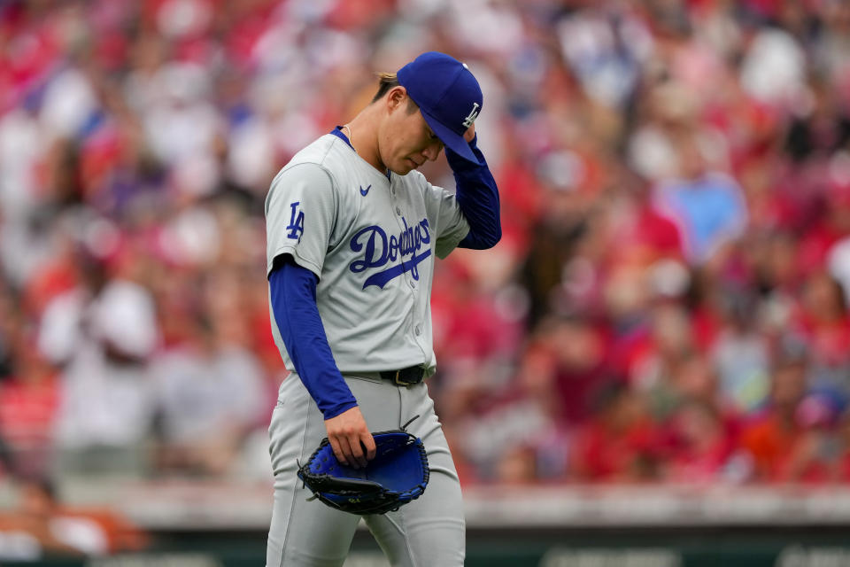 CINCINNATI, OHIO - MAY 26: Yoshinobu Yamamoto #18 of the Los Angeles Dodgers walks off the field after the third inning against the Cincinnati Reds at Great American Ball Park on May 26, 2024 in Cincinnati, Ohio. (Photo by Dylan Buell/Getty Images)