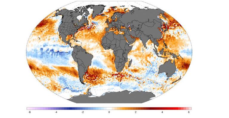 La imagen global de anomalías térmicas de los océanos