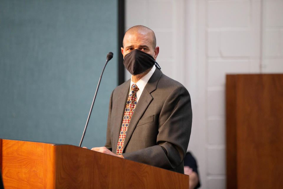 Leon County Schools Superintendent Rocky Hanna's eyes well up with tears after he recalls the things that were sent to him via email in response to his decision to institute a mask mandate at a school board meeting Tuesday, August 10, 2021. 