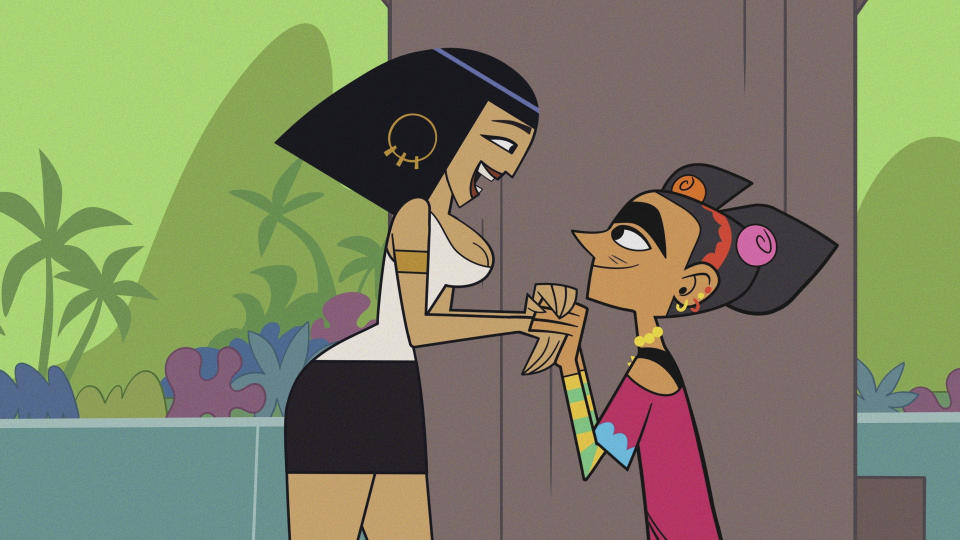 This image released by Max shows animated characters Frida Kahlo, voiced by Vicci Martinez, right, and Cleopatra, voiced by Mitra Jouhari, in a scene from "Clone High." (Max via AP)