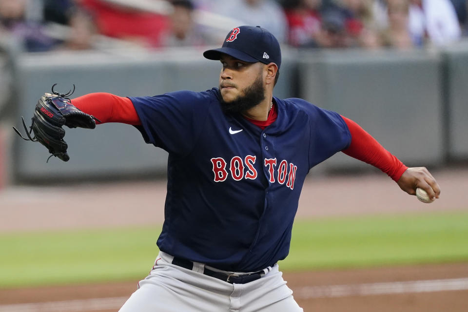 Boston Red Sox starting pitcher Eduardo Rodriguez works in the first inning of the team's baseball game against the Atlanta Braves on Tuesday, June 15, 2021, in Atlanta. (AP Photo/John Bazemore)