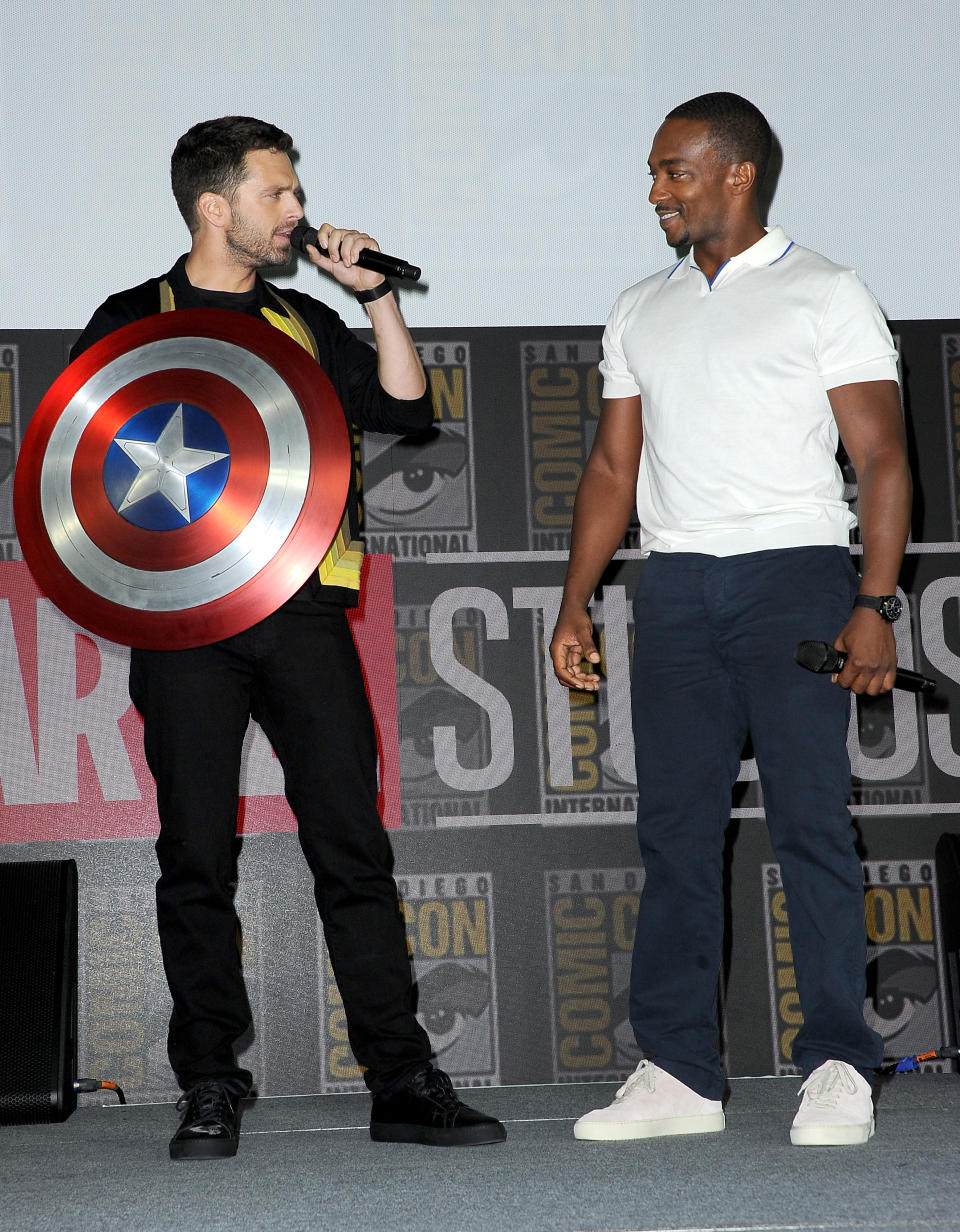 SAN DIEGO, CALIFORNIA - JULY 20: Sebastian Stan and Anthony Mackie speak at the Marvel Studios Panel during 2019 Comic-Con International at San Diego Convention Center on July 20, 2019 in San Diego, California. (Photo by Albert L. Ortega/Getty Images)