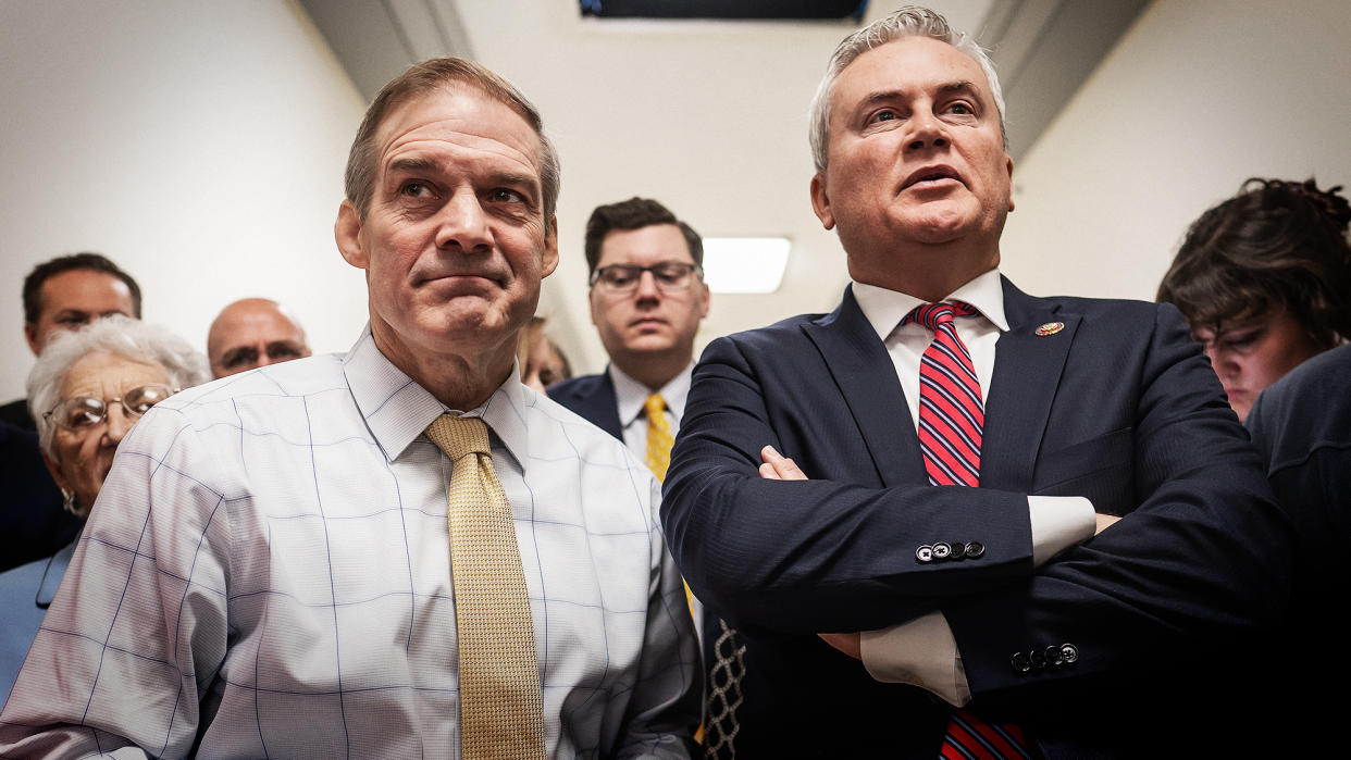  James Comer and Jim Jordan are seen in the Rayburn House office building on Capitol Hill in Washington, DC. 