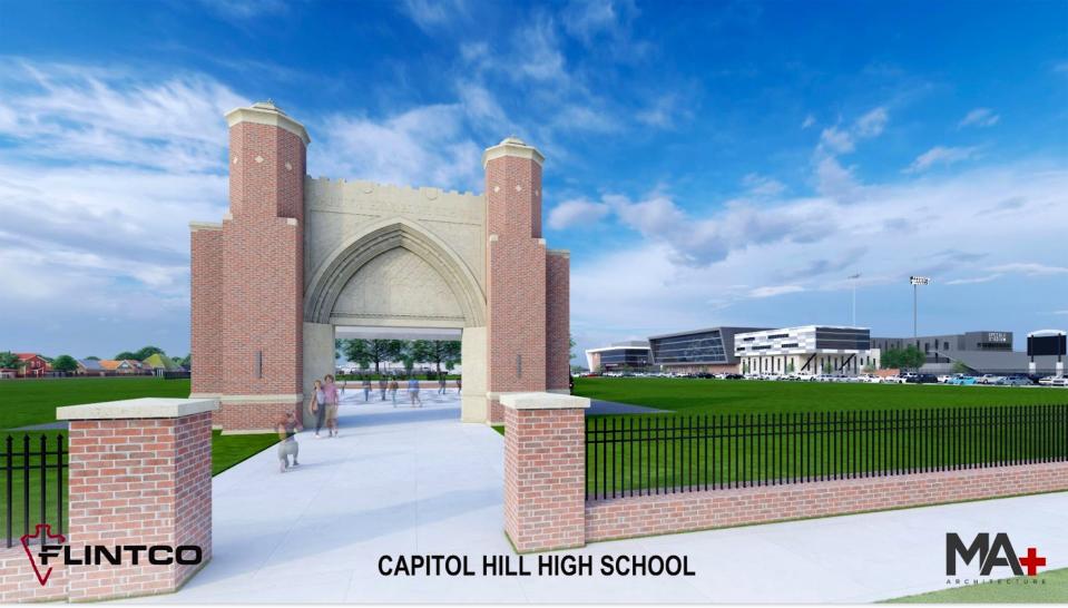 This artist's rendering of proposed developments for Capitol Hill High School shows that the current school building's original entryway could be preserved as a centerpiece of an alumni plaza.
