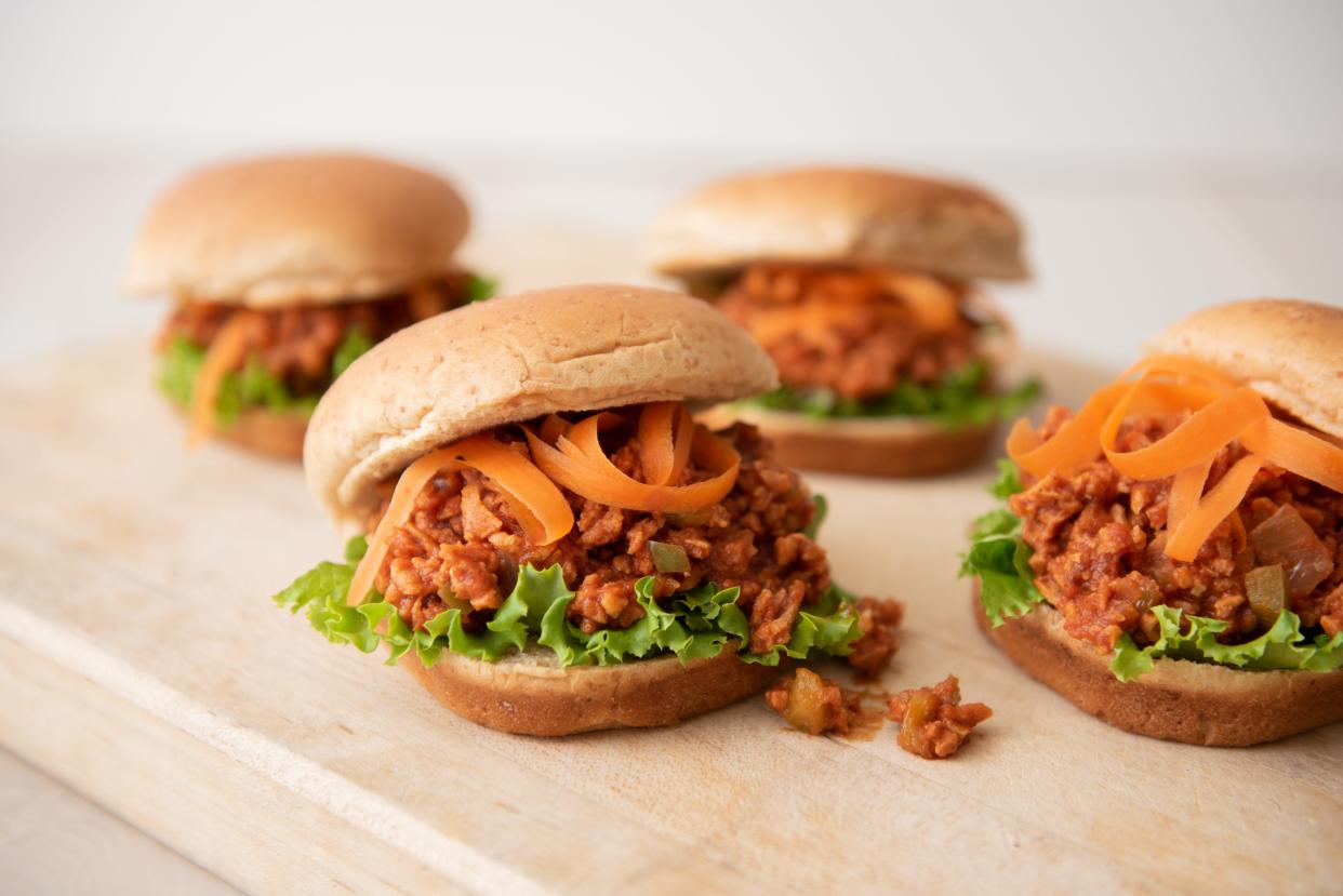 Vegetarian Sloppy Joes use textured vegetable protein in place of beef.