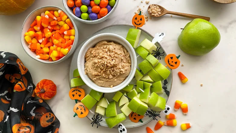 Apple dip with Halloween candy