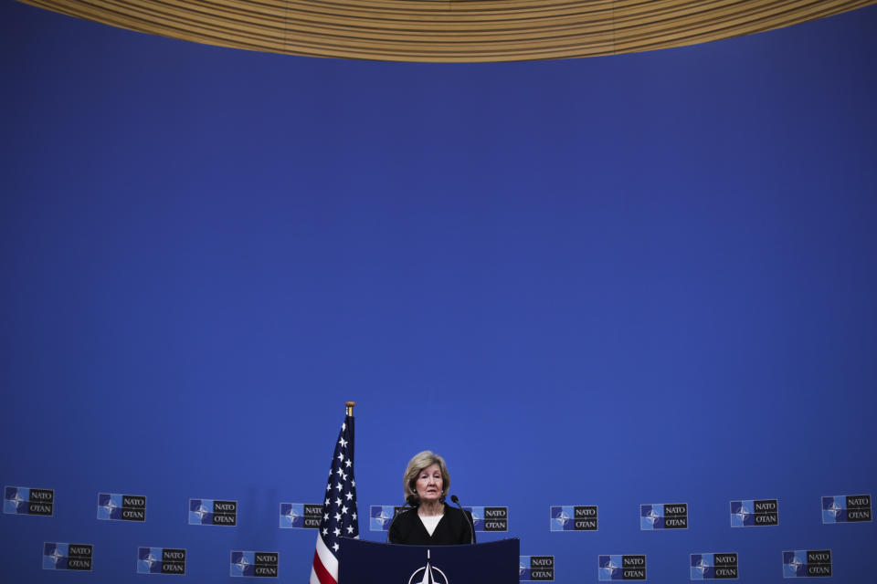 U.S. Ambassador to NATO Kay Bailey Hutchison speaks during a media conference at NATO headquarters in Brussels, Tuesday, Feb. 11, 2020. (AP Photo/Francisco Seco)